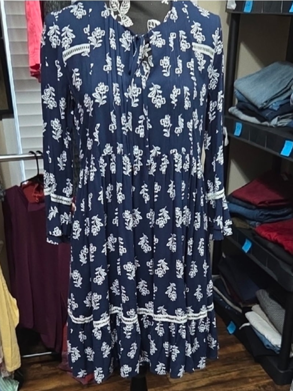 Danny & Nicole Navy Blue and White Floral Midi Dress